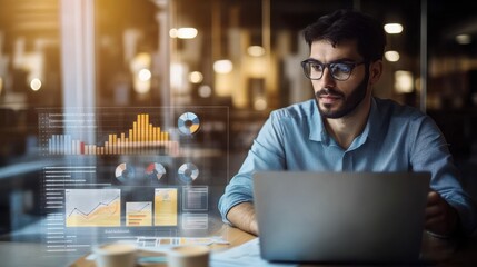 Young professional analyzing data trends through a laptop screen while using modern digital graphs to gain insights in a contemporary office setting with bright lighting