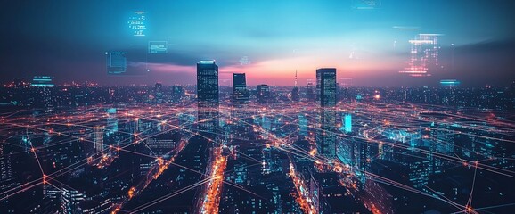 Fototapeta premium A vibrant city skyline illuminated by digital data overlays at dusk.