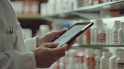 Closeup hand portrait of Professional Pharmacist Using Digital Tablet Computer, Checking Inventory of Medicines, Drugs, Vitamins, Health Care Products. with blur background. 