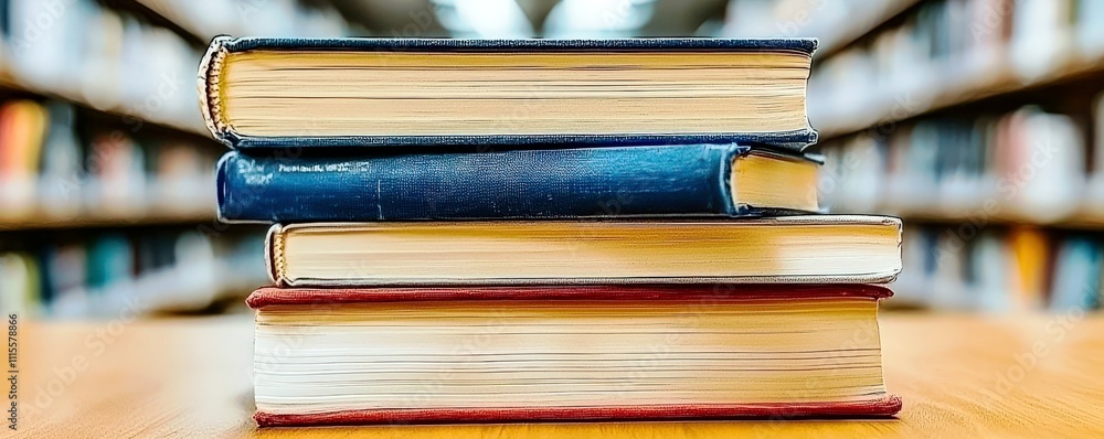 Poster stacked books on a wooden table in a library environment with blurred background of bookshelves