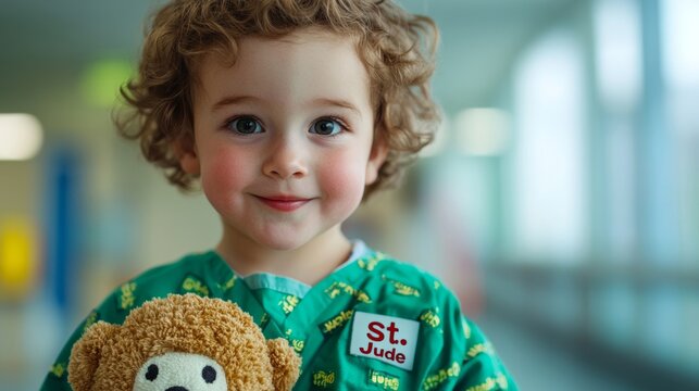 A heartfelt image of a child holding a plush toy with a St Jude logo visible on their hospital gown, surrounded by bright and cheerful decor 