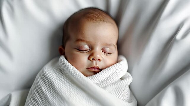 A newborn baby peacefully sleeps swaddled in white, symbolizing innocence and new beginnings