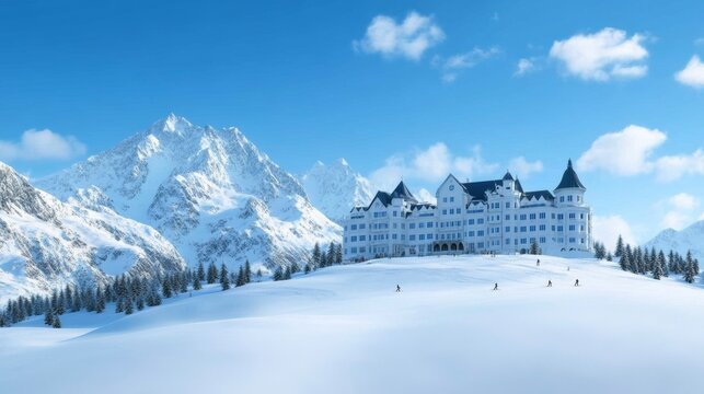 A luxurious ski resort nestled in snowy mountains, with skiers gliding down powdery slopes under a bright blue sky 