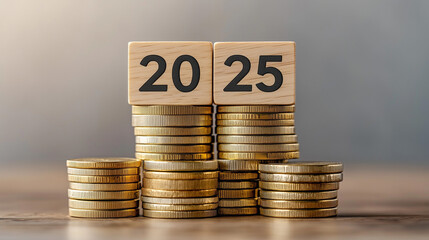 Wooden blocks displaying the year 2025 stacked on gold coins, symbolizing financial growth and future investment opportunities.