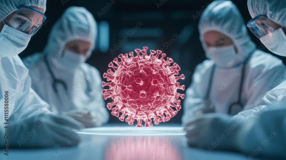 Poster a medical team discussing a bird flu outbreak around a glowing table with a 3d model of the virus di