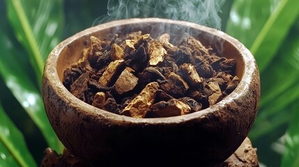 Natural Organic Herbal Ingredients in Wooden Bowl with Steam and Green Tropical Leaves Background