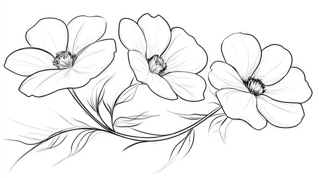 recommend clip art:   Black & white illustration of three flowers on white background, featuring a black & white line drawing of the same