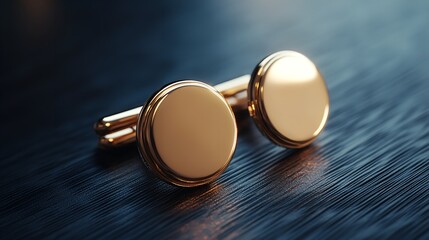 Close-up of elegant gold cufflinks with a pearl-like finish on a dark blue background.