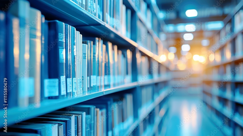 Poster soft focus of books on shelves in modern library with warm lighting and depth of field blur effect