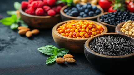 Healthy eating ingredients: fresh vegetables, fruits and superfood. Nutrition, diet, vegan food concept