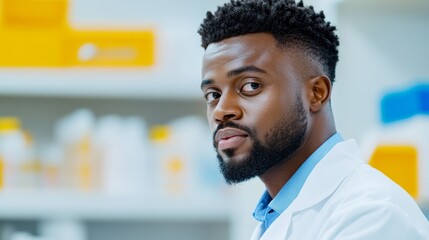 A St Jude researcher in a white lab coat studying test samples in a bright, modern lab with the hospital's logo visible on the wall 