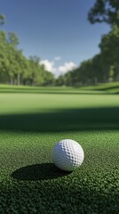 Fototapeta premium Low-angle golf course view with club, ball, and flag