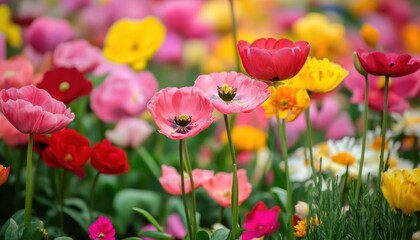 Obraz premium A vibrant display of colorful flowers in a garden setting.