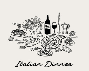 Whimsical hand drawn, quirky style dinner table  wedding invitation, restaurant, italian dinner vector