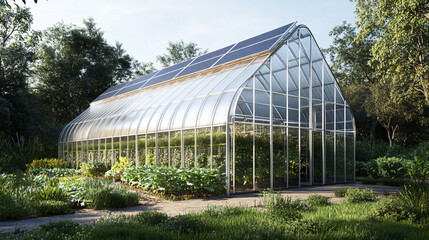 Fototapeta premium A solar-powered greenhouse that uses solar panels to power climate control systems, improving food production efficiency and reducing energy consumption in agriculture.