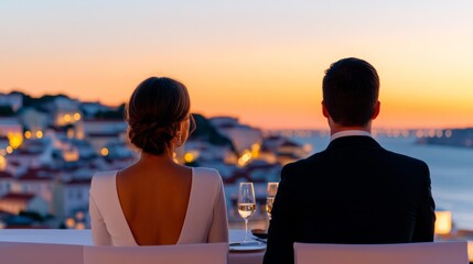 A Valentine’s dinner in Lisbon, Portugal, with a couple seated at a table overlooking the city’s colorful rooftops and the Tagus River at sunset 
