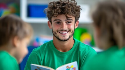 A volunteer at St Jude reading a storybook to a group of children in a brightly lit and cheerful playroom filled with plush toys and books 