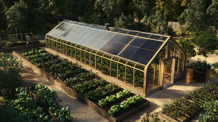 A solar-powered green city with smart homes, solar panels on rooftops, energy-efficient buildings, and clean transportation systems, fostering sustainability and ecological balance.