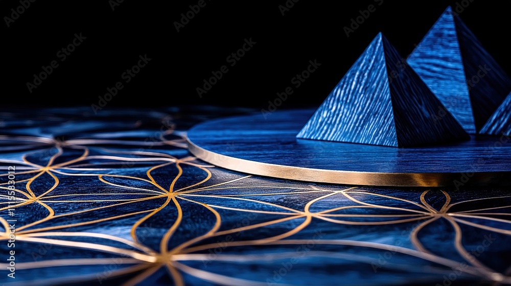Poster a blue object sits atop a table next to a circular blue-triangled object