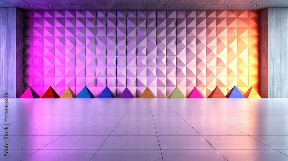 Poster a room featuring a wall adorned with triangular patterns and a tiled floor
