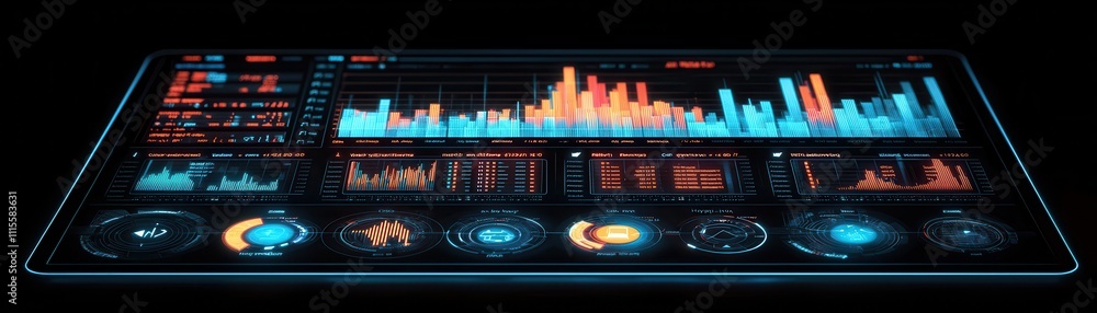 Poster a futuristic digital dashboard displaying vibrant data visualizations, including graphs, charts, and