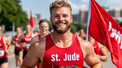 St Jude supporters participating in a charity marathon, holding Team St Jude flags while running along a scenic route on a sunny day