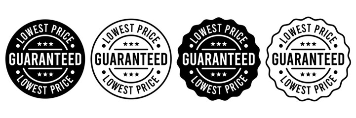 Fototapeta premium Lowest price guarantee logo, label, badge, icon, sticker, symbol, emblem, stamp, circle, black, line, flat vector, isolated illustration. Lowest price guarantee label for product packaging design.