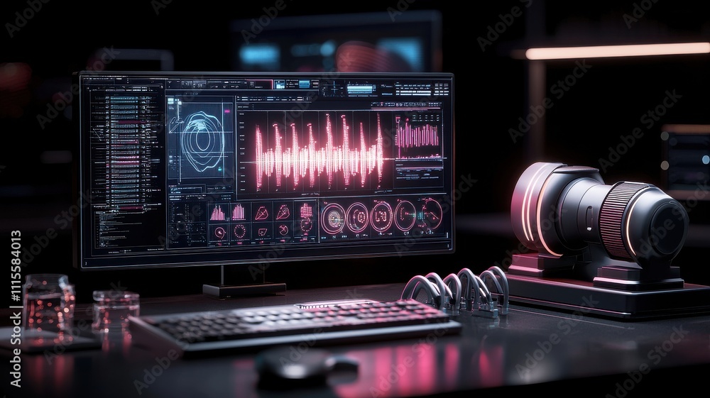 Poster a high-tech workstation featuring a monitor displaying sound wave data, a keyboard, and futuristic e