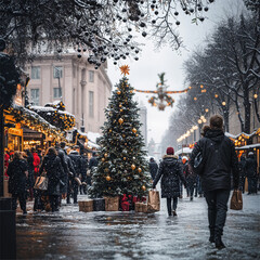 People walking along a snow-covered road in the evening near shops illuminated by lanterns. Snow is falling outside, and the air is filled with anticipation of the upcoming New Year holiday.