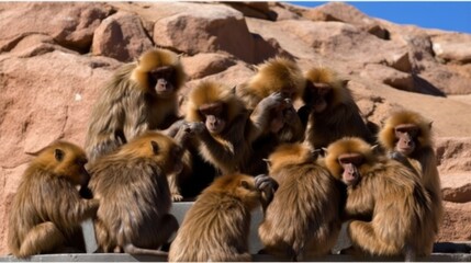 Obraz premium A group of monkeys gathered on a rocky surface, interacting and grooming each other.