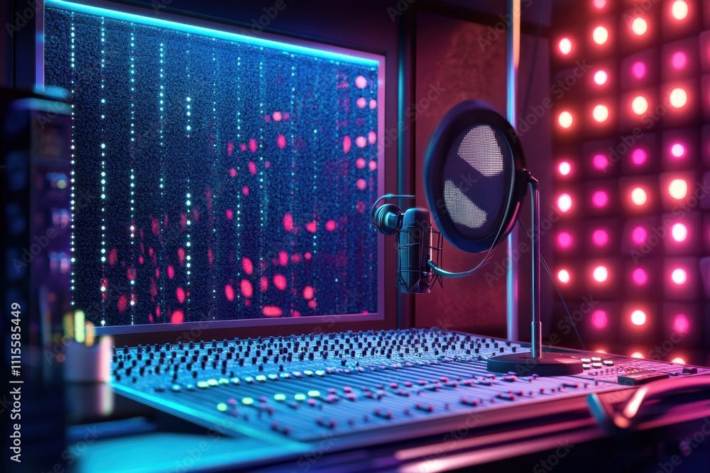 Poster a studio with a microphone and a computer monitor