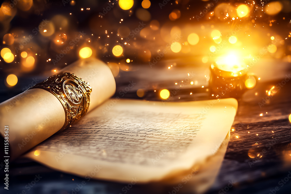 Poster a glowing scroll is being sealed with a golden clasp, illuminated by soft light and surrounded by fl