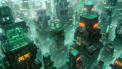 Naklejka premium Futuristic Cityscape Towers Glowing Green And Orange Lights
