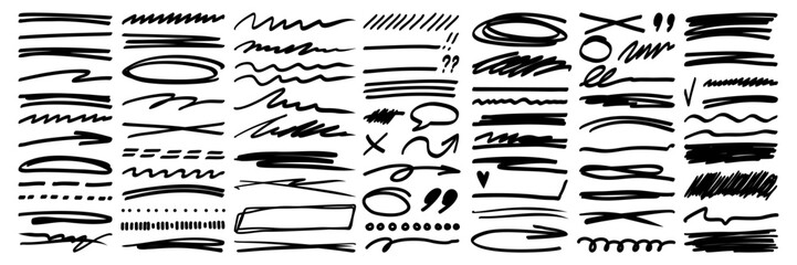 Hand drawn strikethrough, highlight markers, swirl, arrows and squiggles lines asset. Crosses, curved and trendy scribble brush strokes. Isolated vector illustration.