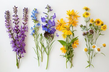 Summer botanical pattern. Floral composition of fewerfew, erica, sage and chrysanthemum flowers and green alchemilla plants on white wooden background. Styled stock photo. Flat lay, top view.
