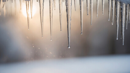 Water dripping from melting icicles hanging on blurred forest backdrop