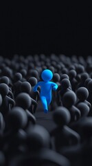 Obraz premium In an electrifying moment, a bright blue figure dashes forward, contrasting sharply against a multitude of dark, shadowy figures that surround it, evoking themes of individuality and motion