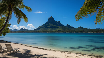 Naklejka premium Pristine Beach and Lush Palm Trees with Majestic Mountain Backdrop