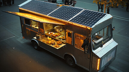 A solar-powered mobile food truck, using solar panels on the roof to power cooking equipment and refrigeration for fresh, sustainable meals on the go.