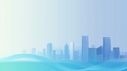 Obraz premium Blue and Green Gradient Background with City Skyline and Line Waves