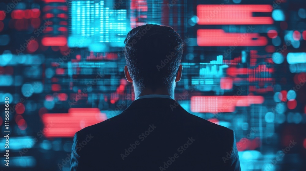 Poster a suit-clad individual observes vibrant digital data visualizations, reflecting a connection between