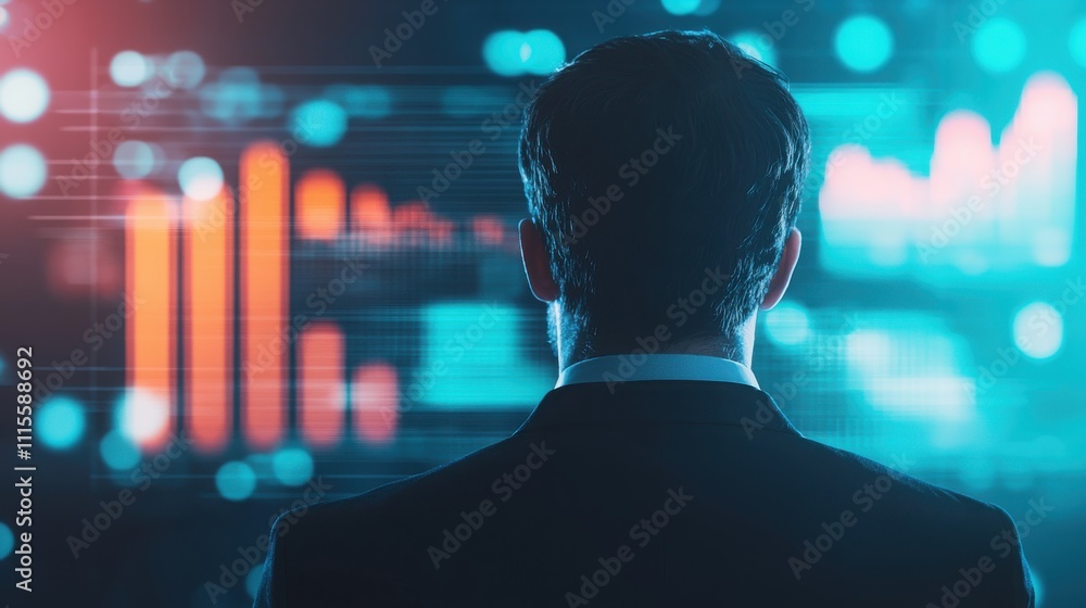 Poster a professional looking at data visualizations, indicating analysis or decision-making in a business 