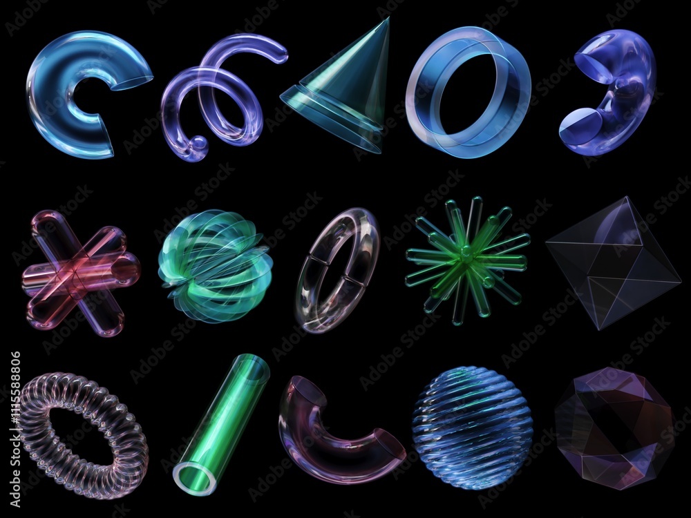 Poster 3d rendering of a set of geometric objects, icons, glass elements isolated on a black background. ab
