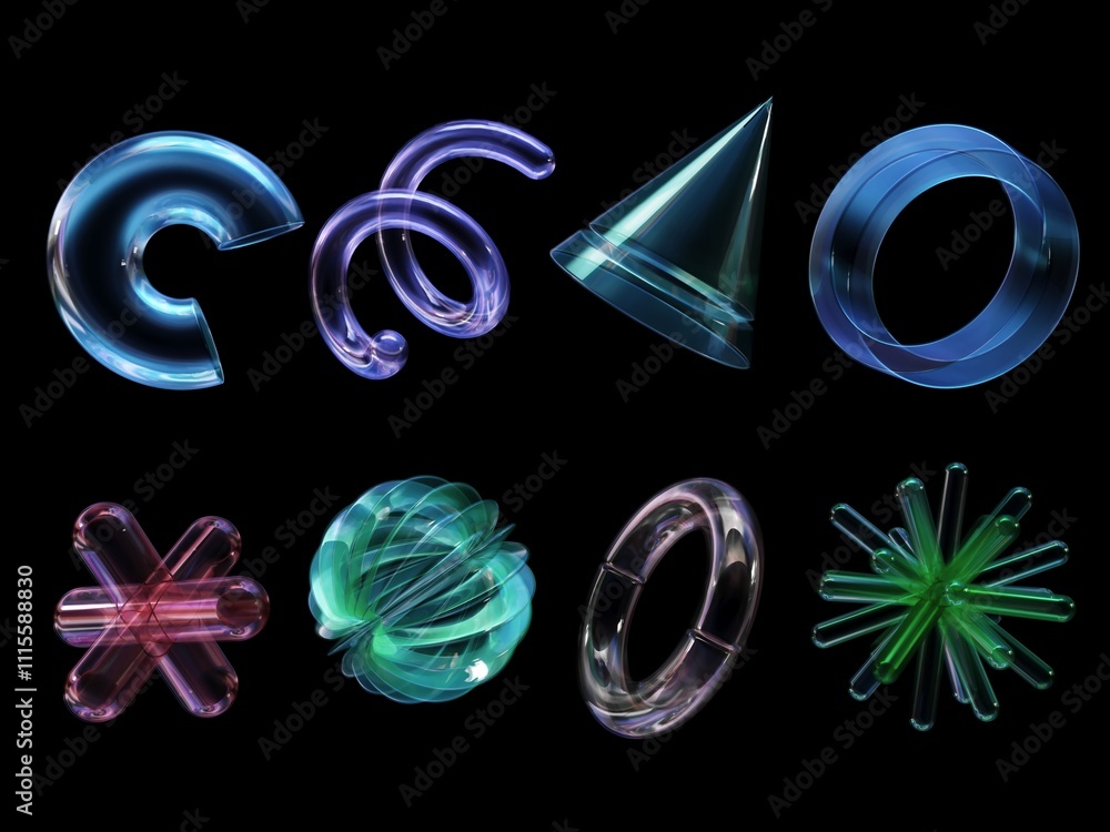 Poster 3d rendering of a set of geometric objects, icons, glass elements isolated on a black background. ab