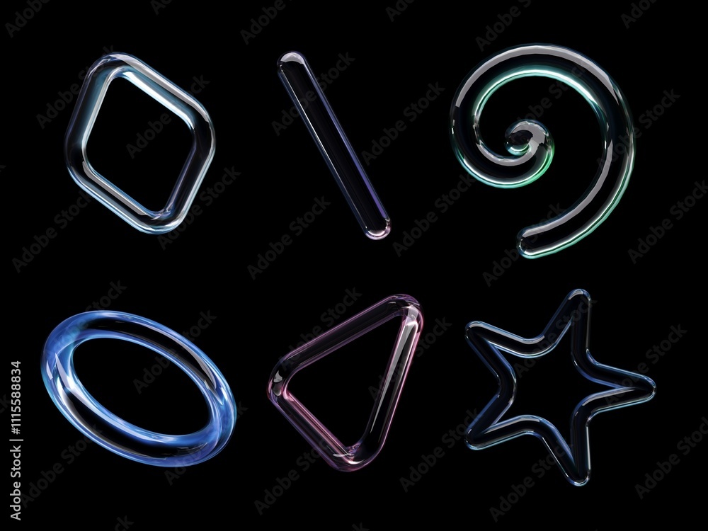 Fototapete 3d rendering of a set of geometric objects, icons, glass elements isolated on a black background. ab
