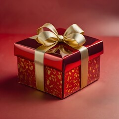 Fototapeta premium Red gift box with golden ribbon and red background