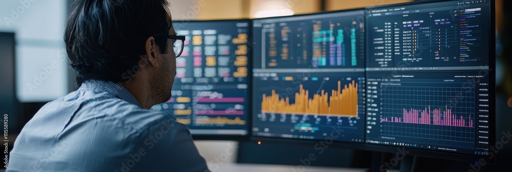 Poster a focused individual analyzes complex data on multiple monitors, showcasing financial trends and ana