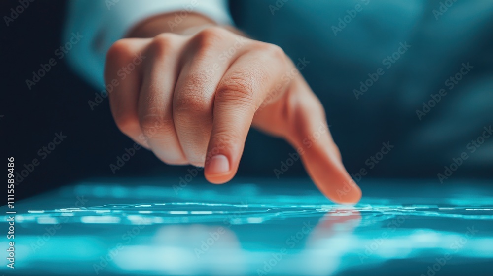 Poster a hand interacting with a digital touchscreen, displaying data points and connections, illustrating 