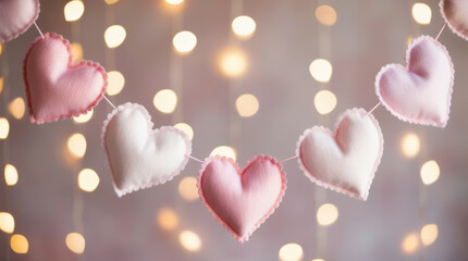 Fototapeta premium Handmade pink heart garland with blurred background and bokeh lights for Valentine’s Day.