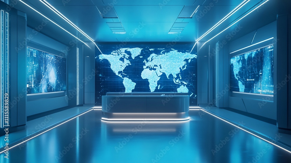 Poster modern tech workspace with world map and data displays.